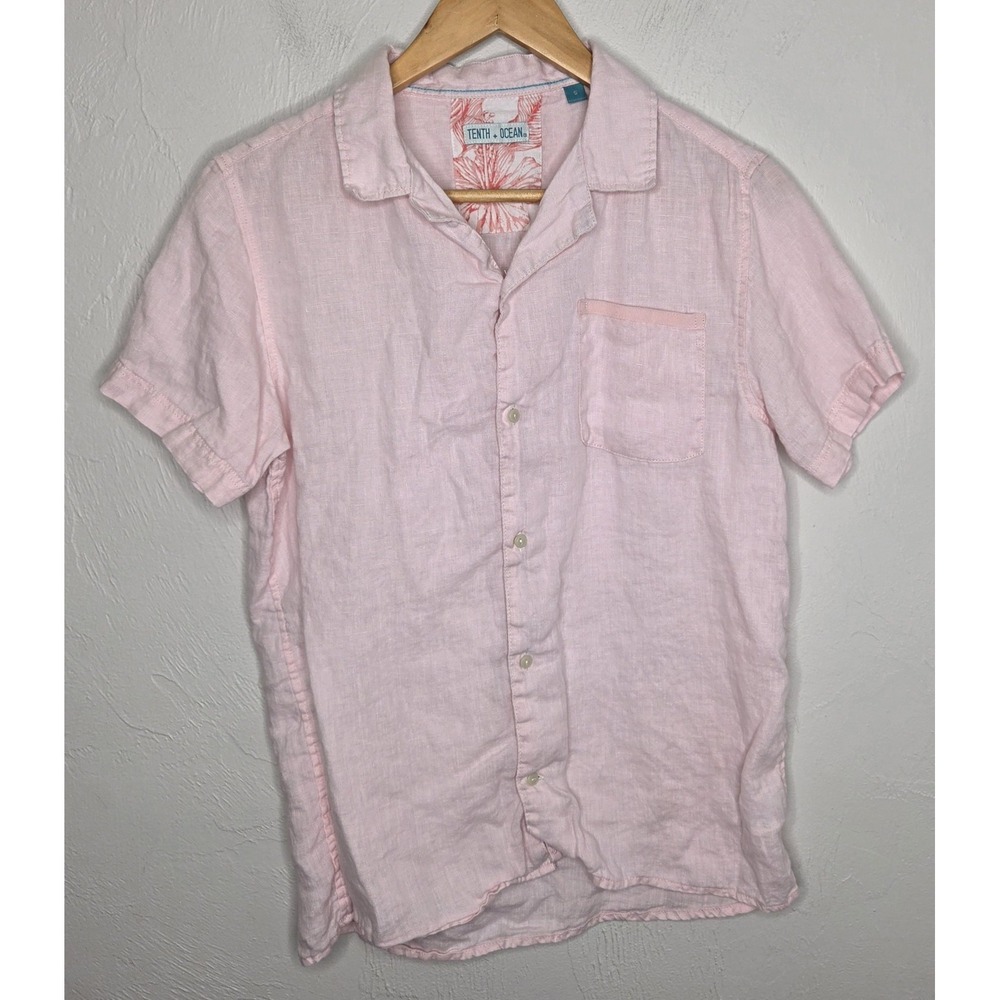 Tenth + Ocean Mens Light Pink 100% Linen Short Sleeve Button Up Shirt Size Small